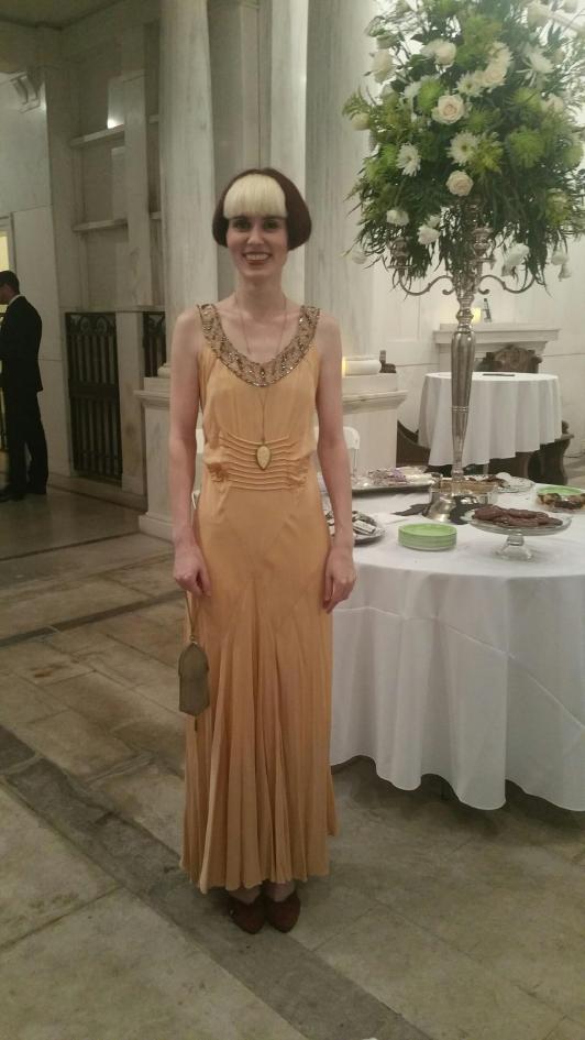 20's silk gown, early 1900's ivory pendant, and 1920's (or earlier) metal mesh handbag!